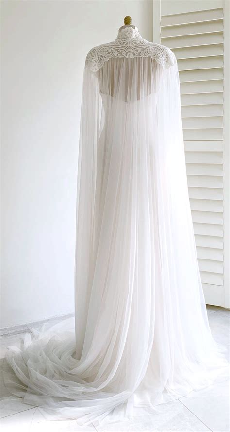 Bridal long tulle cape with embroidered lace appliqués/ | Etsy