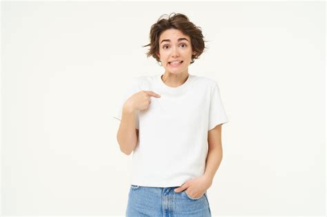 Free Photo Portrait Of Excited Brunette Woman Pointing At Herself Asking Something Inquire
