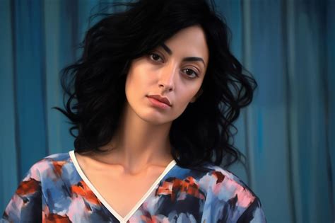 Premium Photo Pretty Petite Brunette In A Blue Blouse And Floral Print