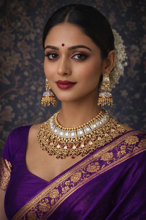 guide  matching jewellery  purple saree meermankaa