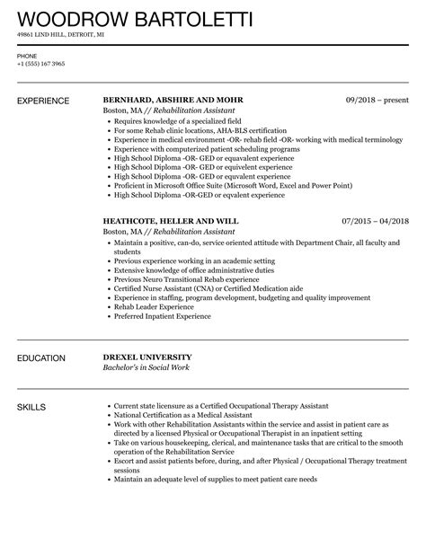 Rehabilitation Assistant Resume Samples | Velvet Jobs