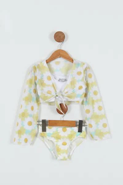 Sarı 3 10 Yaş Uzun Kol Pareo Desenli Kız Çocuk Bikini Mayo Takım 270141 TL Modamizbir