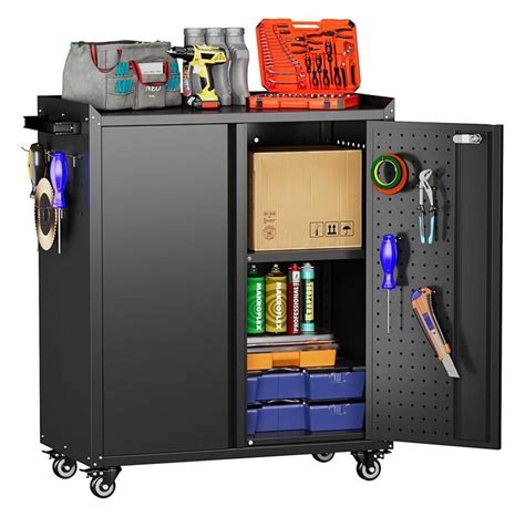 Garage Storage Cabinet with Wheels & Pegboard, 34.3" H Locking Metal
