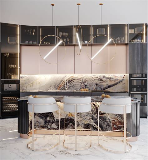 Sleek And Elegant Kitchen Design With Gorgeous Marble And Glass Feaures