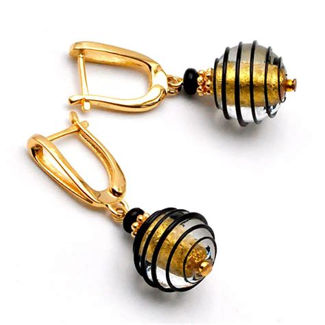 BOUCLES D OREILLES NOIR ET OR DORMEUSES EN VERITABLE VERRE DE MURANO