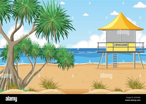 Beach Scene With Lifeguard Tower Illustration Stock Vector Image And Art