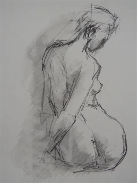 ORIGINAL PENCIL LIFE Drawing Study Sketch Of A Seated Female Nude Back