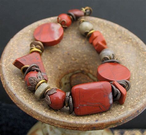 Asymmetrical Red Stone Chunky Beaded Bracelet Dark Brass Etsy