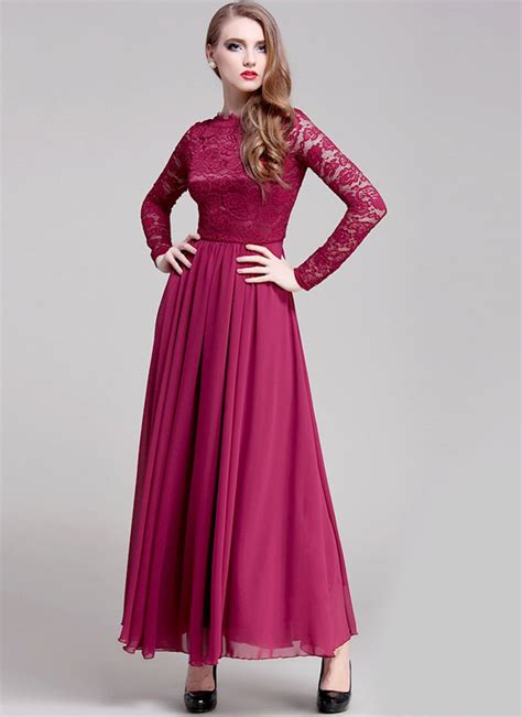 Maroon Lace Chiffon Maxi Dress With V Back And Eyelash Details Rm310