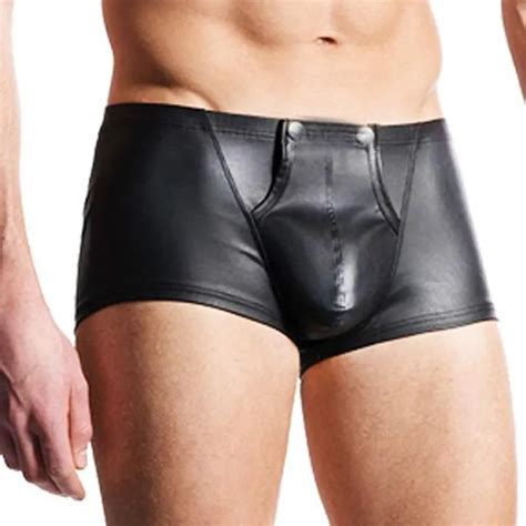 Men S Black Patent Leather Boxer With Open Crotch And U Convex Pouch Sexy Mens Lingerie In M L