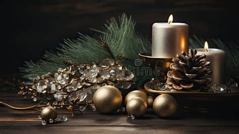 Happy Christmas Card Design Gold Candles And Fir Cone Festive