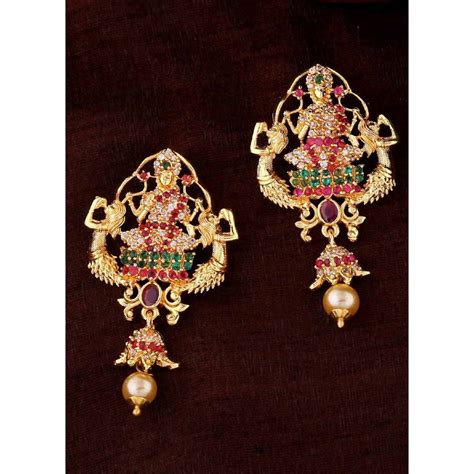 Buy Estele Gold Plated Cz Lakshmi Devi Designer Earrings With Pearls