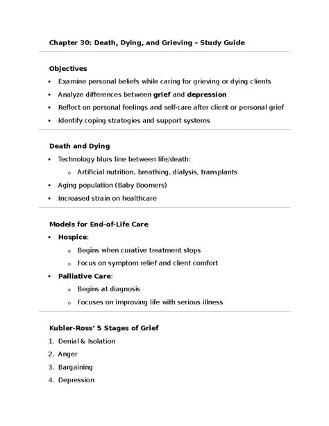 Chapter 30: Death, Dying, and Grieving Lecture Notes - Studocu