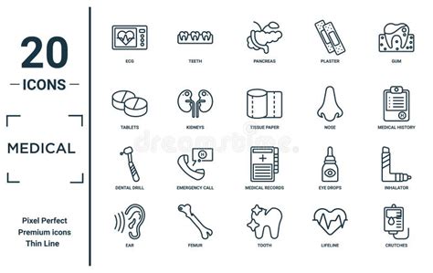 Medische Lineaire Pictogramset Inclusief Dunne Ecg Tabletten