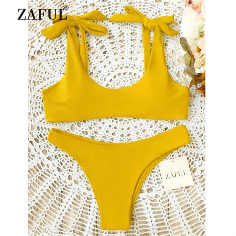 ZAFUL Swimsuit Tie Shoulder Padded Bikini Set Scoop Neck Women S Swimwear Two Piece Swimming
