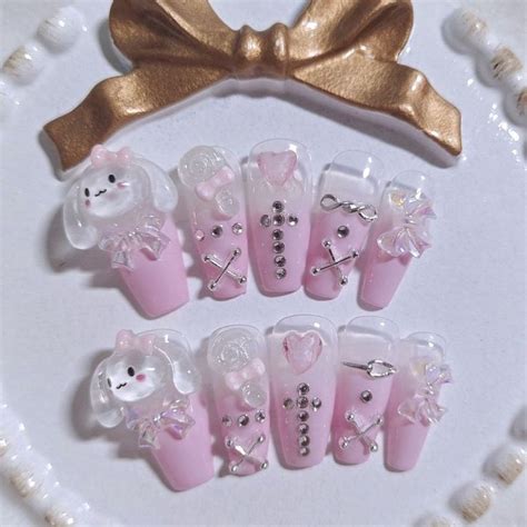 Pink Puppy Press On Nails Cute Pink Bow Press On Nails Cute Etsy