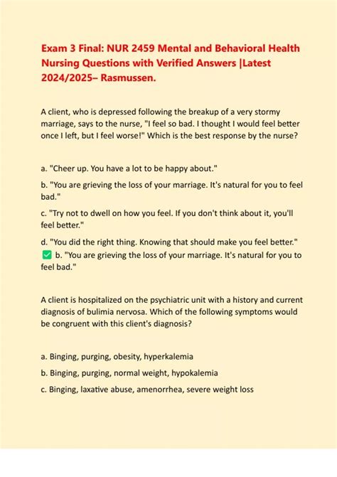 Exam 3 Final: NUR 2459 Mental and Behavioral Health Nursing Questions