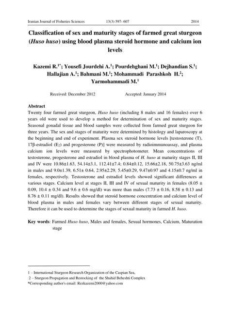 PDF Classification Of Sex And Maturity Stages Of Farmed Great Sturgeon Huso Huso Using Blood