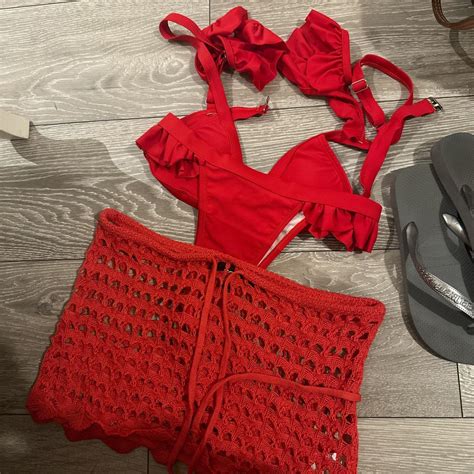 Red Ruffle Bikini Red Cover Up Skirt Size 6 8 Depop