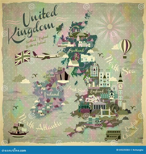 United Kingdom travel map stock vector. Illustration of attractions