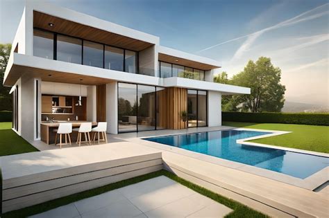 Premium Photo A Modern House With A Pool And A View Of The Garden