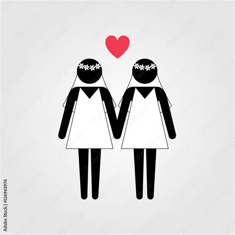 Lesbian Couple In Wedding Dress With Red Heart Vector Icon Lessbian Marriage Stock Vector