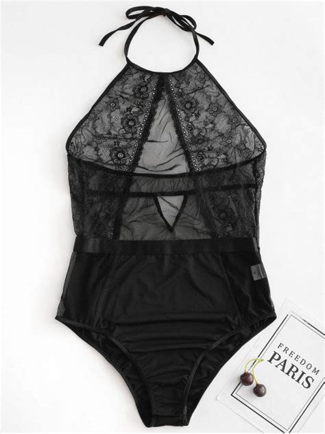 Off Snap Crotch Lace Halter Lingerie Teddy Bodysuit In Black