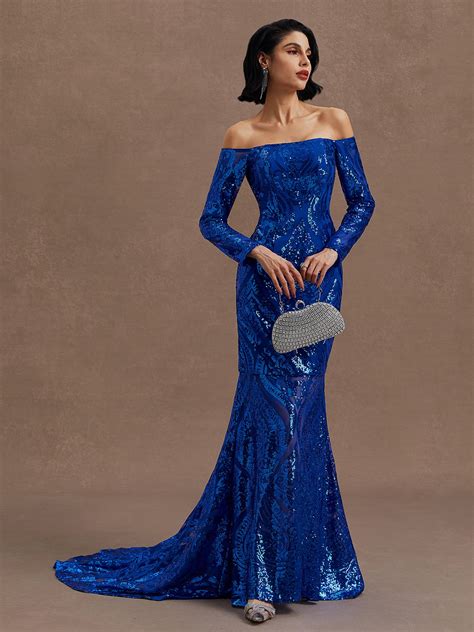 Royal Blue Sequin Dress Off The Shoulder Long Sleeve Mermaid Gown | fehaute