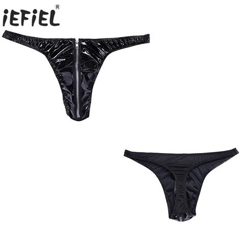 Men Zipper Lingerie Patent Leather Briefs Bikini Underwear Underpants Mens Leather Inderwear