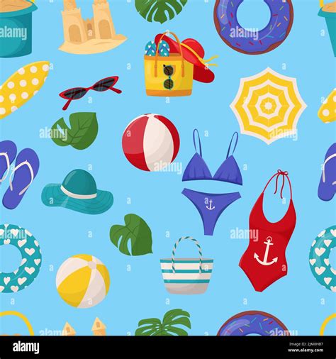 Set Of Cute Summer Elements Surfboard Cocktail Bag Hat Palm Tree Bikini Flip Flops Beach