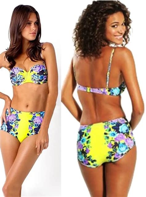 Xl Big Size Women Bathing Suit Retro Beachwear Two Pieces Bikini Set Push Up High Waist