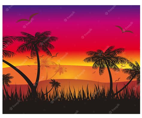 Premium Vector A Sunset With Palm Trees And A Sunset In The Background