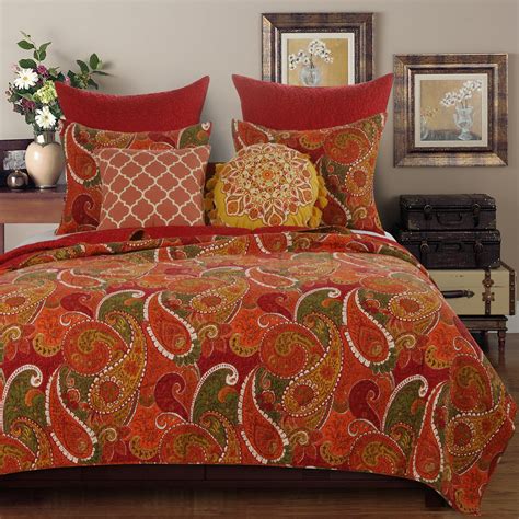 Paisley Print King Size Quilt Set With Pillow Shams Cinnamon Red