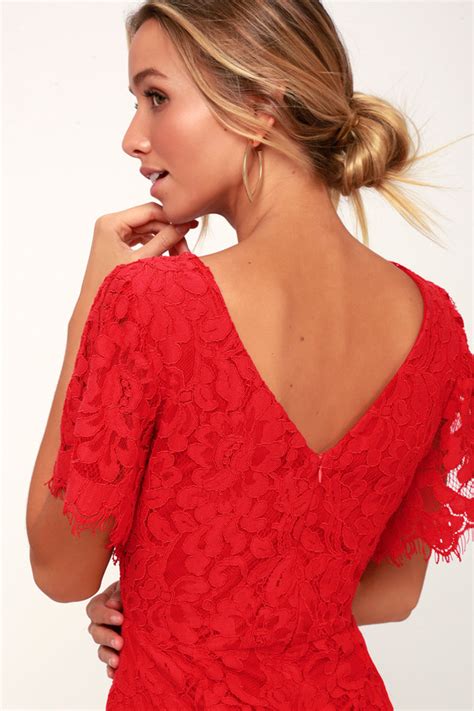 Lovely Red Dress Lace Dress Short Sleeve Dress Red Sheath