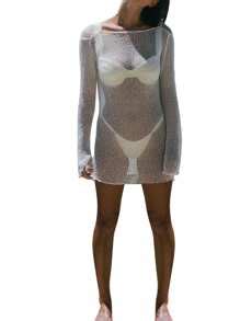 Women Bikini Cover Ups Solid Color See Through Long Sleeve Backless