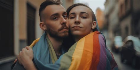 Retrato de um jovem casal gay abraçando e mostrando seu amor a bandeira do arco íris na rua