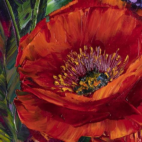 Red Poppy Flower Oil Painting Textured Palette Knife Original Art 12x20 Original Textured