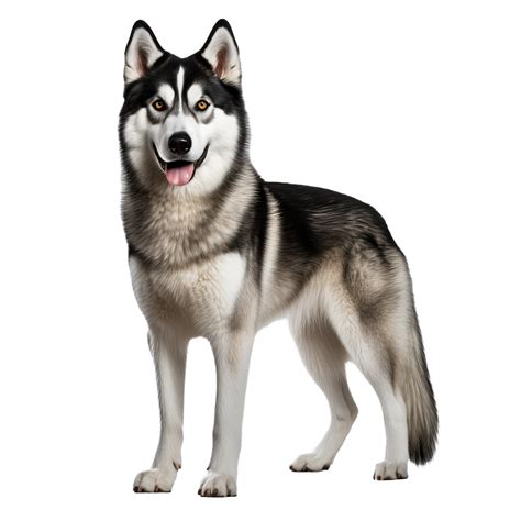 Siberian Husky dog, full-bodied and alert, stands with striking coat