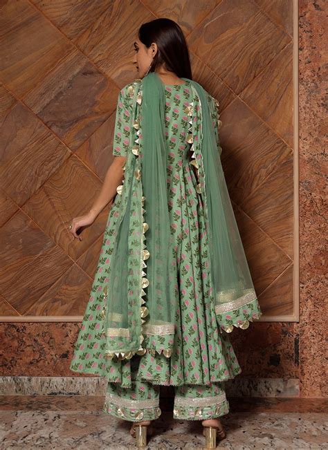 Buy Green Pure Cotton Hand Block Printed Anarkali Suit Party Wear