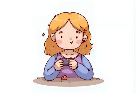 Cheerful Blonde Chibi Character Using Smartphone Korean Cartoon Style Illustration Featuring A