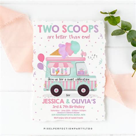 Editable Ice Cream Truck Twin Birthday Invitation Twin Ice Cream