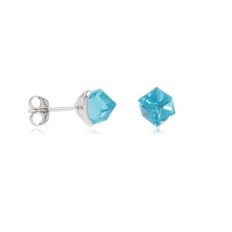 Boucles d oreille argent rhodié cube cristal bleu ciel facetté 4MM