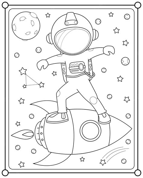 어린이 색칠 공부 페이지 벡터 삽화에 적합한 공간에 로켓을 든 귀여운 우주 비행사 프리미엄 벡터