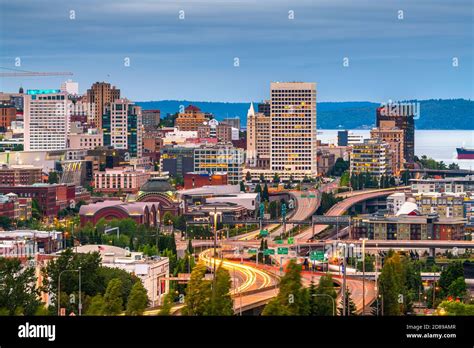 Tacoma Washington Usa Skyline At Night Stock Photo Alamy