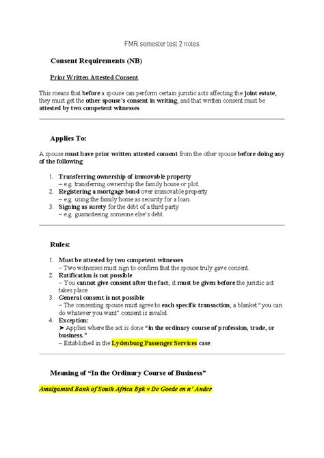 FMR Semester Test 2 Notes on Consent Requirements in Juristic Acts