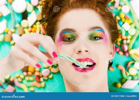 Girl With Sweet Goodies And Candy Stock Photo Image Of Studio Tooth