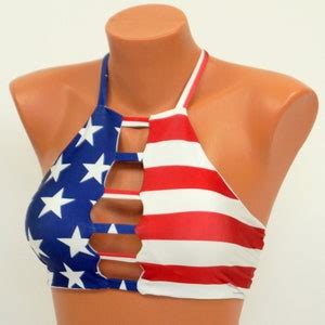 American Flag High Neck Halter Bikini Top Full Coverage Bottoms Plus Size Swimsuit Swimwear
