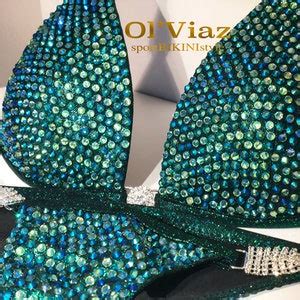 Npc Ifbb Wbff Dark Green Metallic Spandex Bikini Suit With Crystals