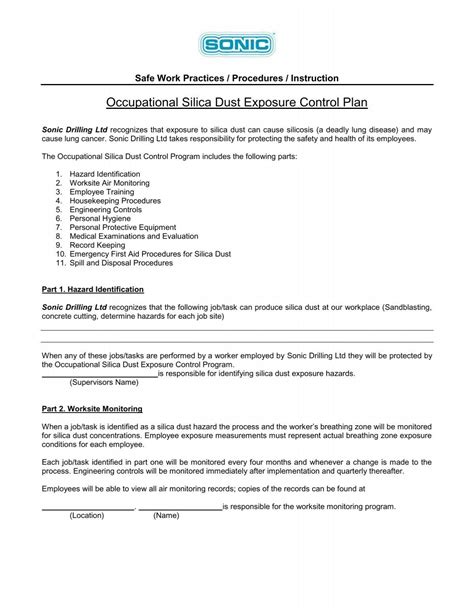Occupational Silica Dust Exposure Control Plan - Sonic Drilling Ltd.