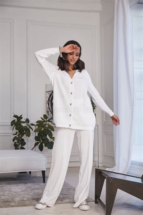 Pretty Fashion Beautiful Woman Lady Brunette Curly Hair Dark Tanned Skin Wear Trend Clothes